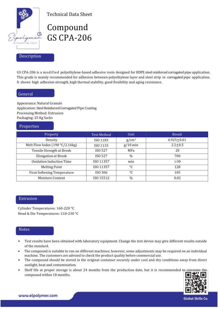 GS CPA-206 modified polyethylene-based adhesive resin designed for HDPE steel reinforced corrugated pipe application.