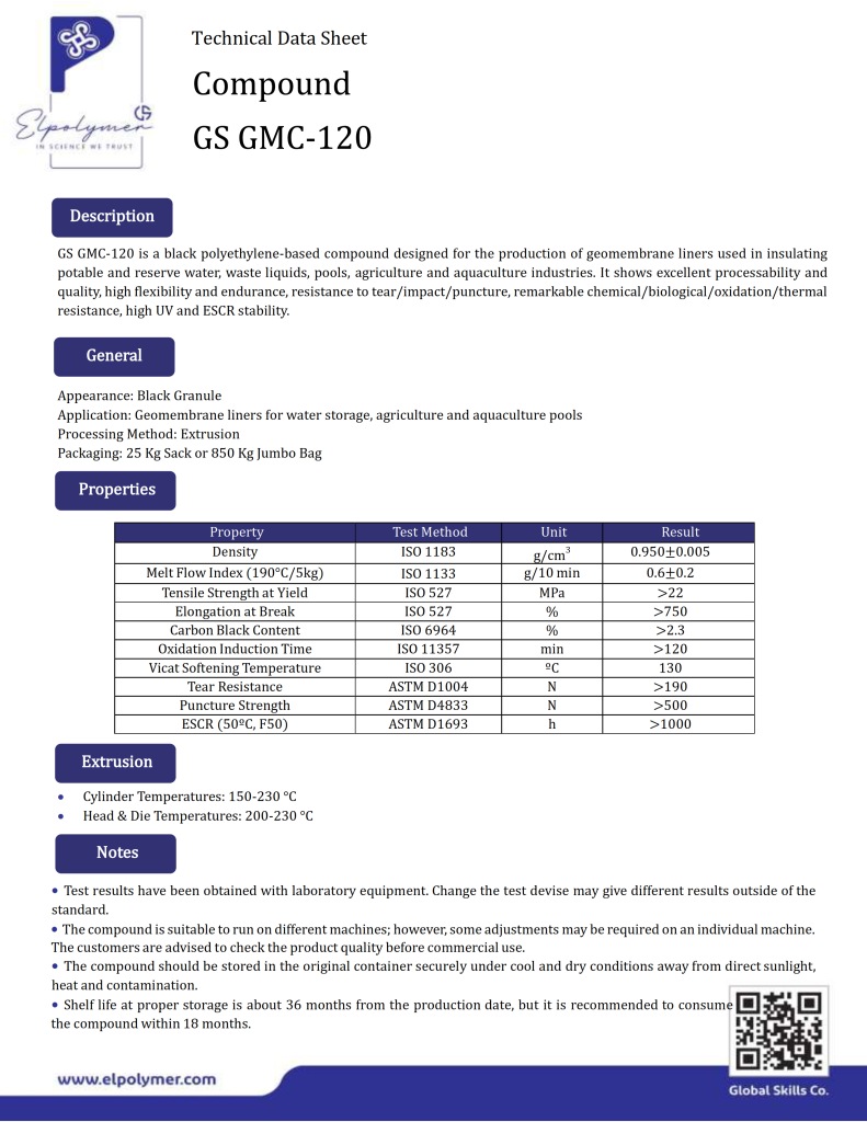 GS GMC-120 Technical Data Sheet showcasing technical details and specifications of the compound, highlighting its impact strength, corrosion resistance, UV resistance, and more.